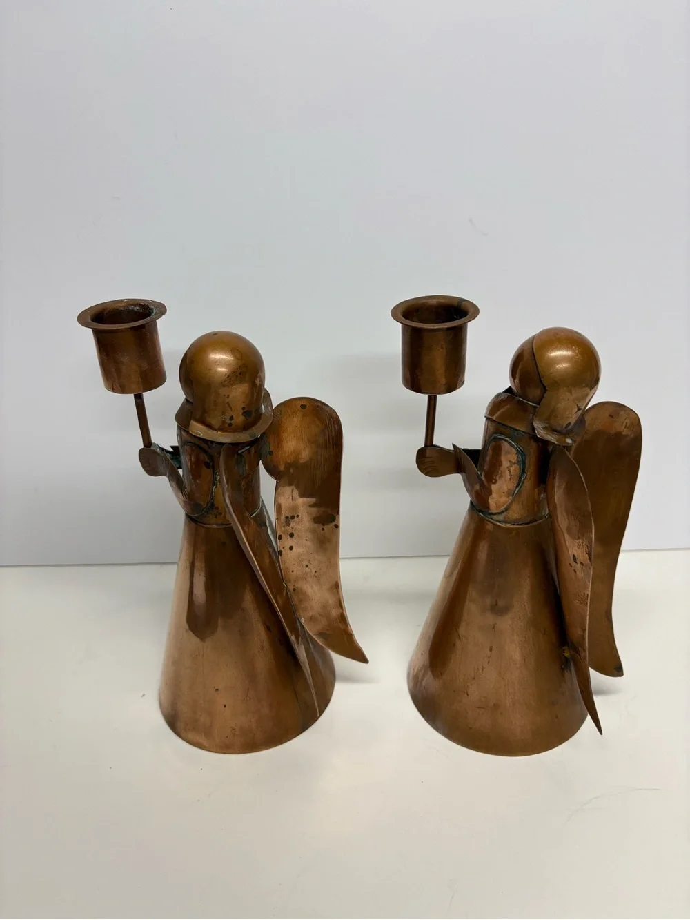 Vintage Copper Angel Candle Holders - Pair Folk Art Set 2